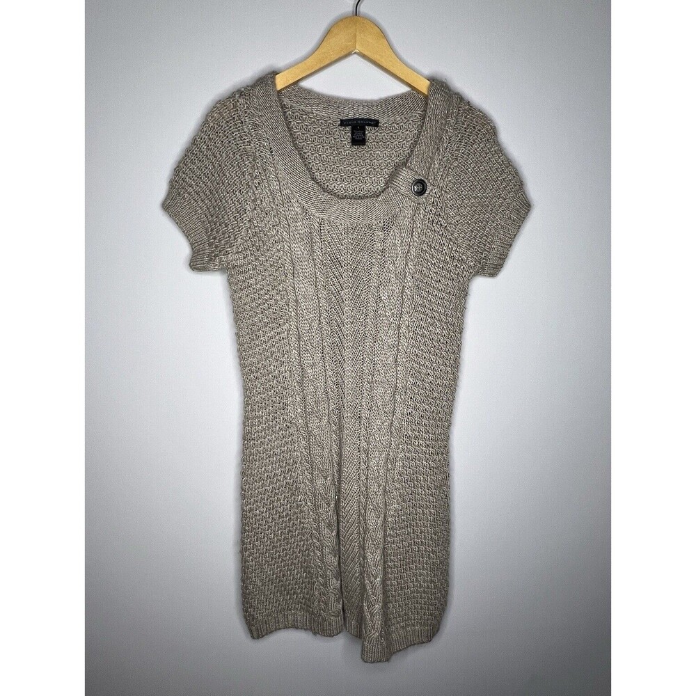 Elena Solano Sz L Wool Alpaca Blend Cable Knit Sweater Dress Short Sleeve Beige